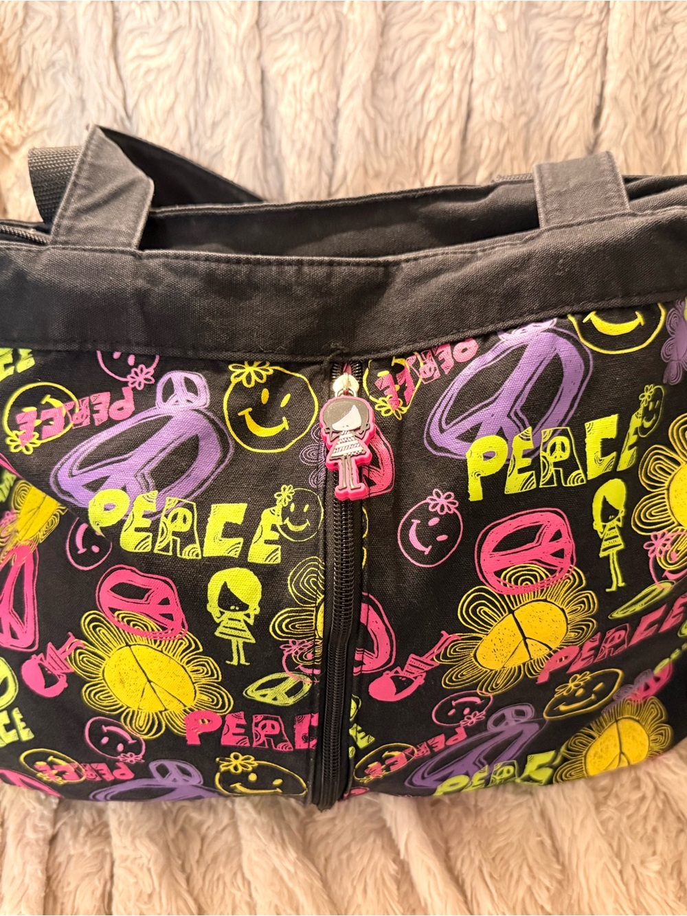 Black Neon Peace Print Tote Bag